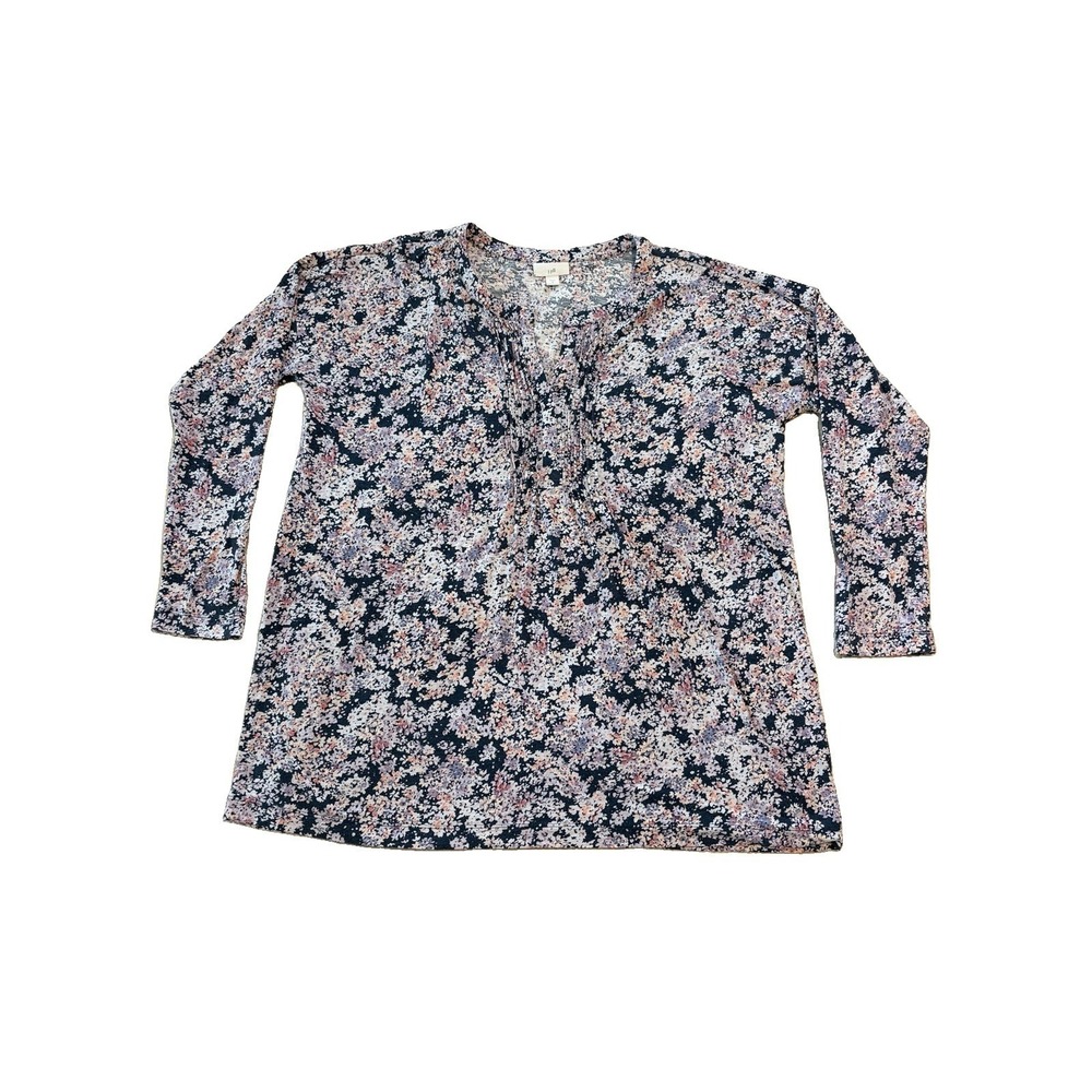 J. Jill Top Womens Large Blue Purple Ditsy Floral Pintuck V Neck Long Sleeve